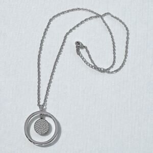 Vintage Silver Tone Micro Pave Disc Open Circle Pendant Necklace 24 Inch